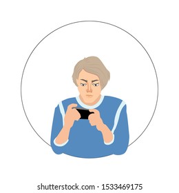 Vector illustration. Young man using modern technology gadget on transparent background. Person with smartphone.