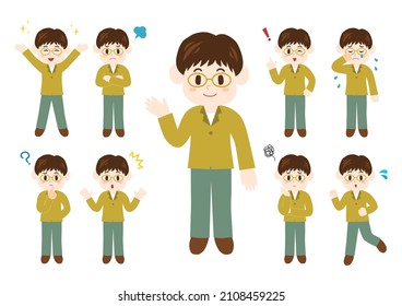 Vector illustration of Young man. Various facial expressions and gestures. Icon set.  