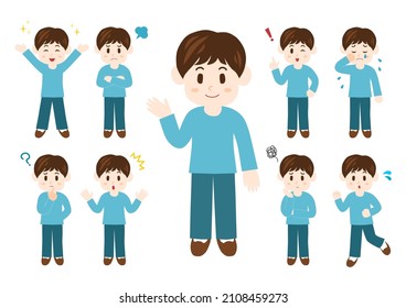 Vector illustration of Young man. Various facial expressions and gestures. Icon set.  