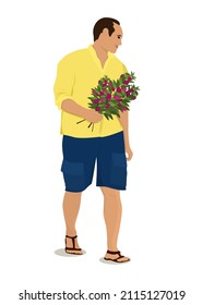 vector illustration of a young man walking in summer clothes with a bouquet of flowers in his hands