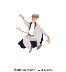 Vector illustration of young man in warm winter home clothes jumping with happiness and fun isolated on white background. Male cartoon character in pajama and bathrobe with seasonal patterns.
