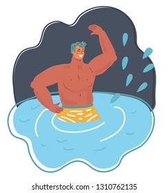 Vector illustration of young man in water. Cartoon summer vacations activity and sea leisure hobby. Night beach.
