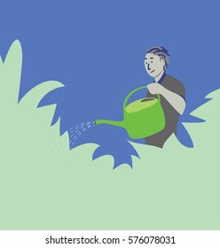 Vector illustration of a young man watering the plants with the watering can