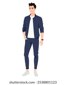 Vector illustration. A young man wearing a blue jacket and pants that matches a white T-shirt. A simple yet stylish look for everyday wear.