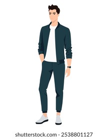 Vector illustration. A young man wearing a blue jacket and pants that matches a white T-shirt. A simple yet stylish look for everyday wear.