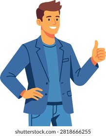 Vector illustration of a young man wearing a blue blazer and t-shirt, smiling and giving a thumbs up gesture, isolated on white background.