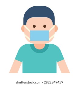 Vector illustration of a young man wearing a blue surgical mask for protection. Concept of health safety, virus prevention, and hygiene during pandemic. Isolated on white background.