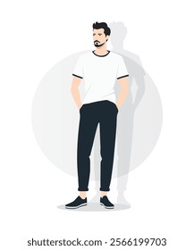 Vector illustration. A young man in a white t-shirt with dark inserts and black pants. Dynamics and modernity.