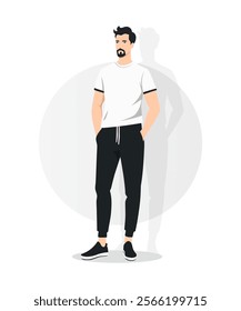 Vector illustration. A young man in a white t-shirt with dark inserts and black pants. Dynamics and modernity.