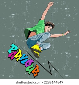 Ilustración vectorial de un joven que está envuelto en un parkour en un fondo gris con escaramuzas. Un adolescente con ropa brillante y una bandana en salta sobre la inscripción Parkour al estilo de un graffiti.