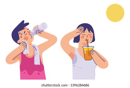 vector illustration young man and woman drinking water and orange juice in very hot summer days, boy and girl sweating after do sport