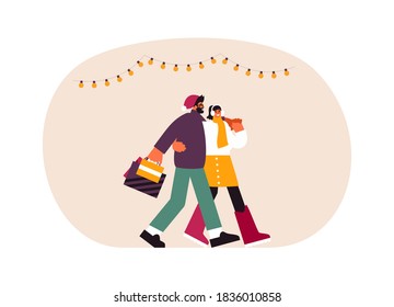 Vector Illustration Of Young Man And Woman With Paper Bags Hugging And Walking Together After Christmas Shopping On Weekend Day