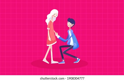 Imagen vectorial de un joven y una mujer que propusieron matrimonio el día de San Valentín