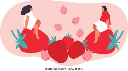 Vector Illustration With Young Man And Woman Holding Huge Strawberry. Fruit Lover Concept. Funny Colored Typography Poster, Apparel Print Design, Bar Menu Decoration. Isolated. EPS 10. 