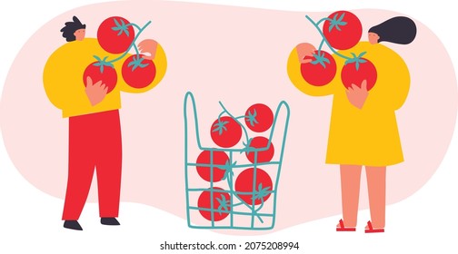 Vector illustration with young man and woman holding huge cherry tomato. Vegetables lover concept. Funny colored typography poster, apparel print design, bar menu decoration. Isolated. EPS 10.