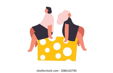 Vector illustration with young man and woman holding huge cheese. Cheese lover concept. Funny colored typography poster, apparel print design, bar menu decoration. Isolated. EPS 10. 