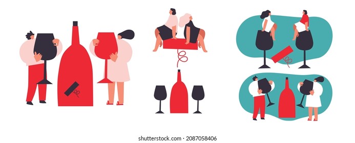 Vector illustration with young man and woman holding huge glass of wine. Wine lover concept. Funny colored typography poster, apparel print design, bar menu decoration. Isolated. EPS 10. 