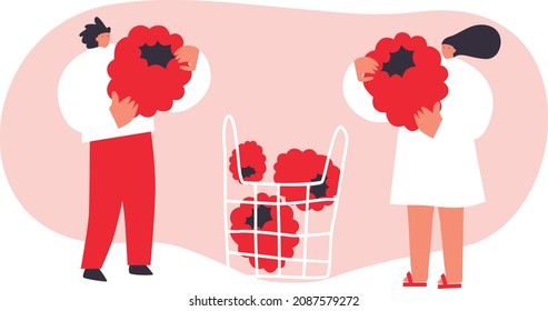 Vector illustration with young man and woman holding huge raspberries. Berries lover concept. Funny colored typography poster, apparel print design, bar menu decoration. Isolated. EPS 10. 