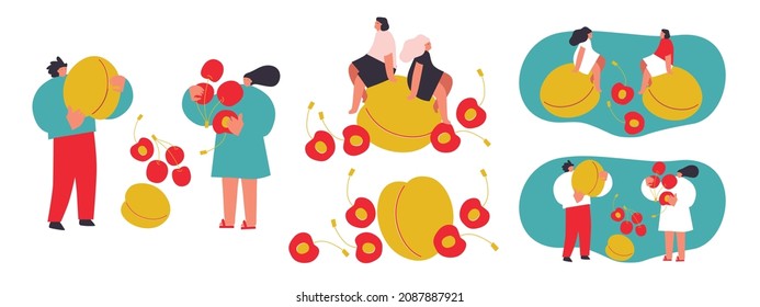 Vector illustration with young man and woman holding huge fruit. Apricot, cherry fruit lover concept. Funny colored typography poster, apparel print design, bar menu decoration. Isolated. EPS 10. 