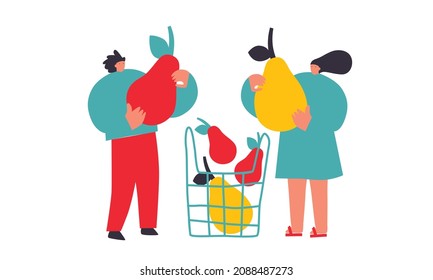 Vector illustration with young man and woman holding huge fruit. Pear fruit lover concept. Funny colored typography poster, apparel print design, bar menu decoration. Isolated. EPS 10. 