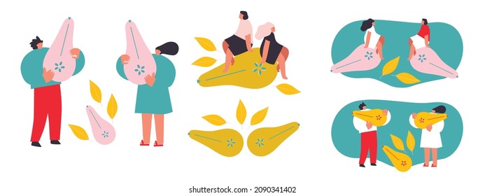 Vector illustration with young man and woman holding huge pear. Fruits lover concept. Funny colored typography poster, apparel print design, bar menu decoration. Isolated. EPS 10. 