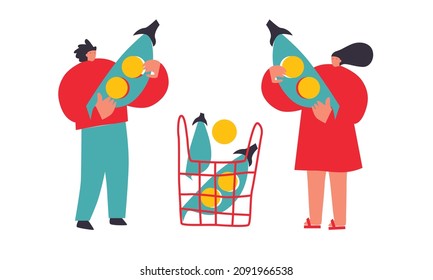 Vector illustration with young man and woman holding huge peas. Vegetables lover concept. Funny colored typography poster, apparel print design, bar menu decoration. Isolated. EPS 10. 