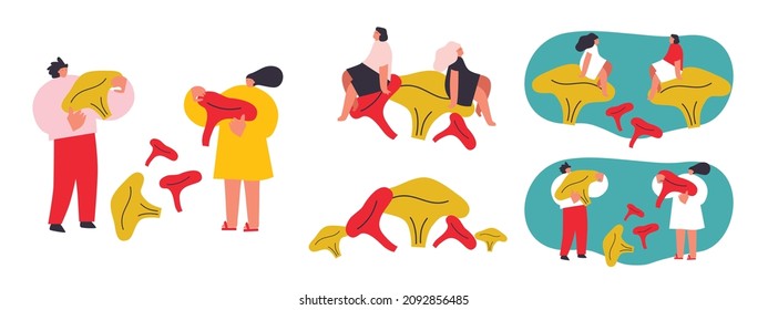 Vector illustration with young man and woman holding huge mushroom. Vegetables lover concept. Funny colored typography poster, apparel print design, bar menu decoration. Isolated. EPS 10. 