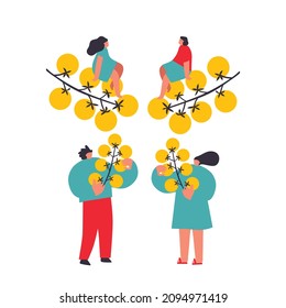 Vector illustration with young man and woman holding huge cherry tomato. Vegetables lover concept. Funny colored typography poster, apparel print design, bar menu decoration. Isolated. EPS 10. 
