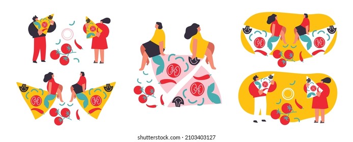 Ilustración vectorial con jóvenes y mujeres sosteniendo una pizza enorme. El concepto de amante de la pizza italiana. Afiche de tipografía de colores divertidos, diseño de impresión de ropa, decoración de menú de barras. Aislado. EPS 10. 