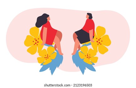 Vector illustration with young man and woman holding huge flower. flower lover concept. Spring flower. Funny colored typography poster, apparel print design, bar menu decoration. Isolated. EPS 10. 
