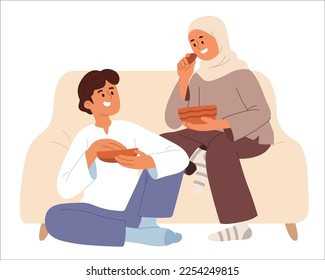 vector illustration of young man and woman enjoying quality time together eating snacks