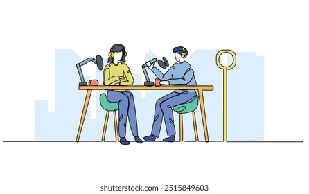 Vector illustration of a young man and woman podcast. Modern flat in continuous line style.