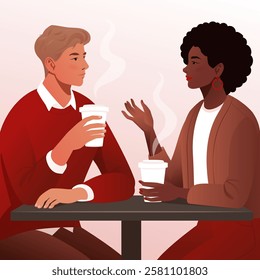 Vector illustration of a young man and woman sitting at a cafe table, enjoying coffee and engaged in conversation. The stylish couple, dressed in warm tones, holds steaming cups while making eye