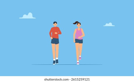 Vector illustration of young man and woman jogging outdoor. Flat vector front view jogging .