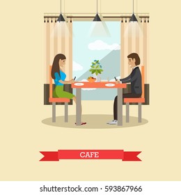 Vector illustration of young man and woman sitting at the table in cafe and making use of smart phone or cell phone. Modern gadgets concept design element in flat style.
