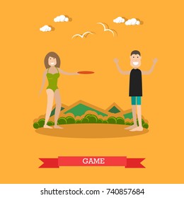 Vector illustration of young man and woman playing disk. Summer vacation, beach outdoor game concept design element in flat style.