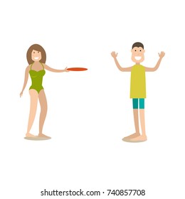 Vector illustration of young man and woman playing. Summer people concept flat style design element, icon isolated on white background.