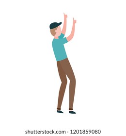 Vector illustration of young man in work clothes with thumbs up gesture isolated on white background. Male worker standing with his back and raising hands with approval sign in flat style.