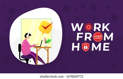 vector illustration young man work at his home, stay at home movement to avoid spreading the virus. an effective step besides lockdown. vector illustration background