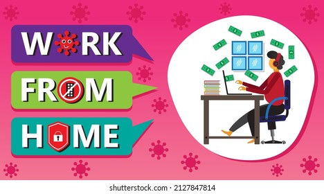 Vector illustration young man work at his home, stay at home movement to avoid spreading the virus. An effective step besides lockdown. Vector illustration background