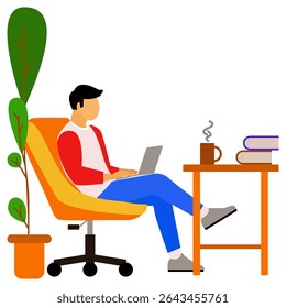 Vector illustration of a young man working remotely using a laptop in a comfortable modern workspace. Minimalist flat design, indoor plants, coffee cup, books on the table and stylish furniture