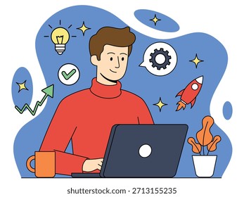 Vector illustration of a young man working on a laptop, surrounded by creative and productivity-themed icons such as a light bulb, rocket, gear, checkmark, upward graph, and stars.