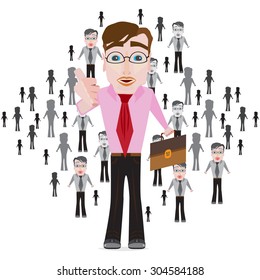 a vector illustration of a young manager in color on the front of a crowd of smaller in size, monochrome people