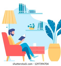 Vector illustration. Young man's comfortable sitting in a chair and  reading a book