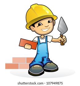 Vector illustration of a young mason with trowel