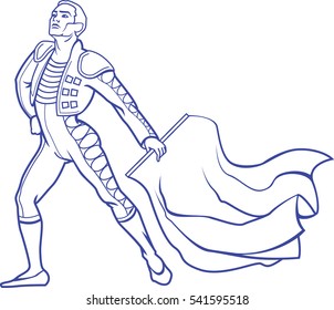 Vector illustration of young matador in bullfighting traditional clothing with rag is ready to fight with bull.
