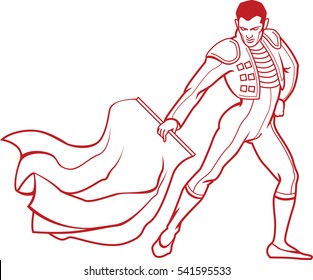 Vector illustration of young matador in bullfighting traditional clothing with red rag is ready to fight with bull.
