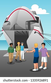 A vector illustration of Young Men Coming Out from the Ferry