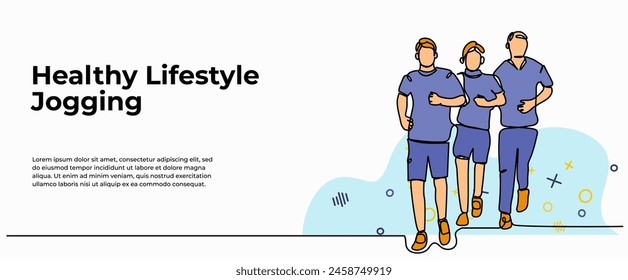 Vector illustration of young men jogging together. Modern flat in continuous line style.