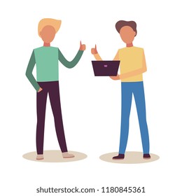 Vector illustration of young men with laptop making thumbs up gesture isolated on white background - flat male characters with ok sign for approved and success project concept.